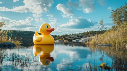 A yellow rubber duck floating in a pond