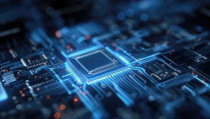 Close-up circuit board with glowing chip