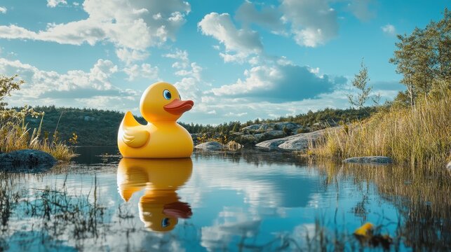 A yellow rubber duck floating in a pond