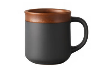 Empty black ceramic mug with brown rim, isolated on transparent background, perfect for showcasing your designs
