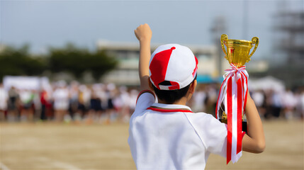 Fototapeta premium 運動会で金のトロフィーを持ちガッツポーズする小学生