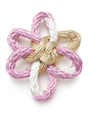ピンクと白の紅白の紐で編んだフラワー型結び