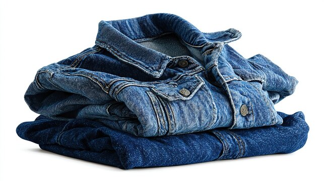 Folded blue denim jacket atop a folded denim shirt, on a white background