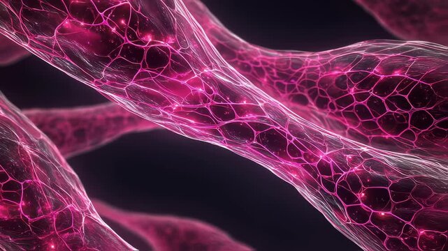 Dynamic medical visualization of eosinophil movement beneath translucent skin layers showing brightpink cellular infiltration patterns.