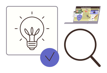 Lightbulb with rays, blue checkmark, magnifying glass, and illustrated laptop screen. Ideal for innovation, research, creativity, problem-solving productivity analysis and decision-making. Simple