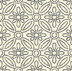 Naklejka premium Seamless pattern of floral and geometric shapes formed by black dots on a light background surface design