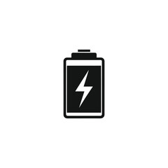 Black battery icon with a white lightning bolt symbol isolated on a white background