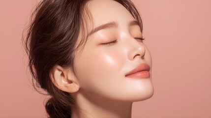 Fototapeta premium A close-up portrait of a beautiful young Asian woman with flawless, glowing skin and natural makeup. Ideal for beauty, skincare, cosmetics, and wellness-related content.