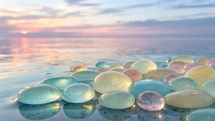 Translucent orbs reflecting a serene sunset over a calm ocean
