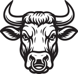 Cow Head Vector – Bold Black and White Illustration with Horns and Nose Ring