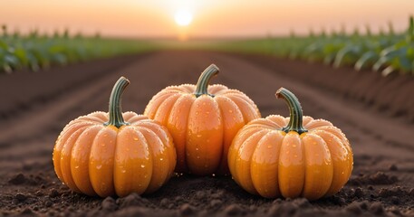 Three Fresh Pumpkins with Dew in Farm Field at Sunset