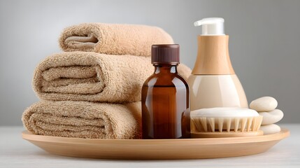Stacked towels and spa products on a wooden tray.