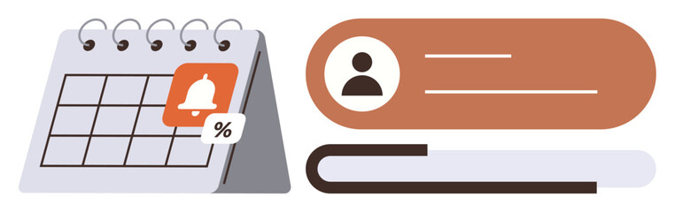 Spiral calendar with a notification bell and percentage symbol next to a user profile card. Ideal for organization, productivity, time management, reminders, scheduling, user interface, digital