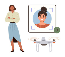 Woman standing confidently beside flying drone capturing facial data within biometric scanner window. Ideal for technology, innovation, security, biometrics, AI, future technology, confidence
