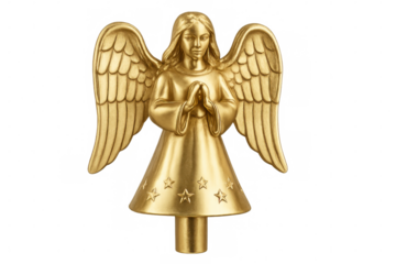 Golden christmas angel figurine praying with hands joined and stars on robe, isolated on transparent background
