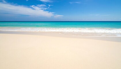 Pristine white sand beach and clear turquoise water, ideal for travel brochures, vacation websites, and promoting beach destinations.