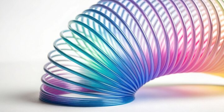 Vibrant rainbow slinky toy coiled on a white background