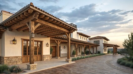Obraz premium Exterior view of a mediterranean style home with covered walkway