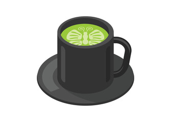 Matcha green tea with butterfly decoration. Simple flat illustration.