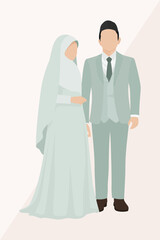 Elegant and simple Muslim wedding couple vector in pastel shades with plain background, suitable for marriage cards, websites, or printables