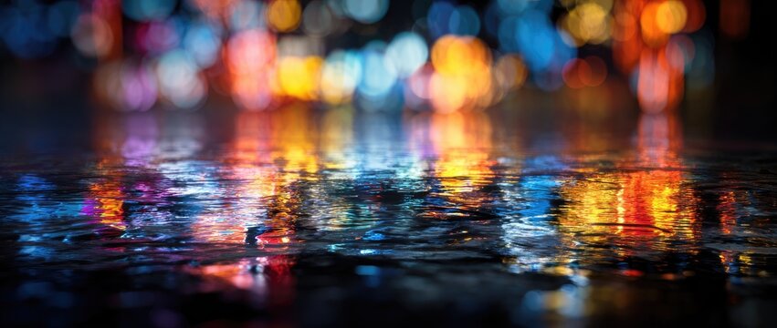 Night city lights reflected in rain puddle