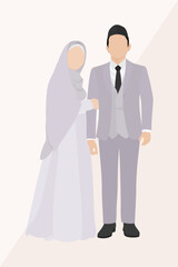 Muslim bride in hijab and groom in wedding suit standing together with soft color tones, perfect for vector assets in wedding-themed Islamic content