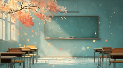 An autumn classroom with falling leaves.