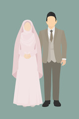 Soft-toned Muslim couple illustration in wedding outfit with elegant composition on simple background, perfect for nikah card or Islamic love celebration graphics