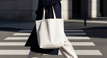 Person carrying a white tote bag on a city street crossing mockup.