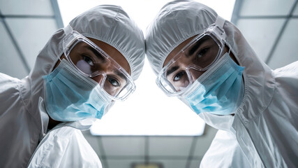 Medical professionals wearing protective gear and goggles with focused expressions and solemn faces in a sterile laboratory setting, concept of scientific precision and safety