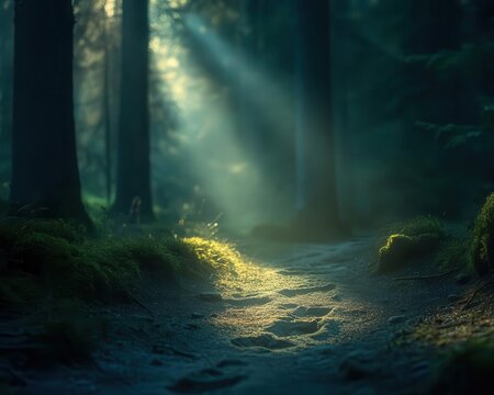 A serene forest where footprints of a fugitive prisoner lead away from a glowing searchlight beam
