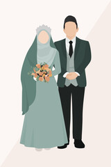 Vector illustration of Muslim bride in hijab and groom in soft-colored outfit, standing together with clean backdrop, perfect for Islamic wedding design assets