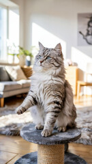 A fluffy adult smart grey cat sits calmly on a scratching post in a cozy Scandinavian-style living room, concept of obedience