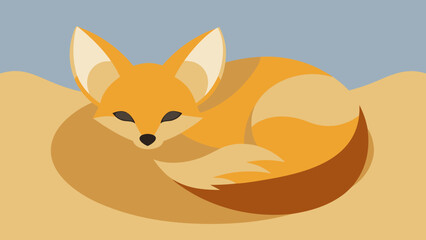 Fototapeta premium Fennec Fox Curled Sleeping Desert Sand Top View Flat Design Illustration