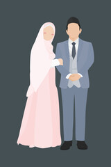 Romantic Muslim couple illustration in wedding attire with pastel color tones and clean background, ideal for Islamic marriage card, poster, or social media graphic