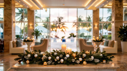 Empty reception desk in a Caribbean hotel decorated for Christmas, concept of winter holidays.