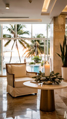 Caribbean hotel interior decorated for Christmas with blurred sea and palm trees in the background, concept of tropical winter holidays