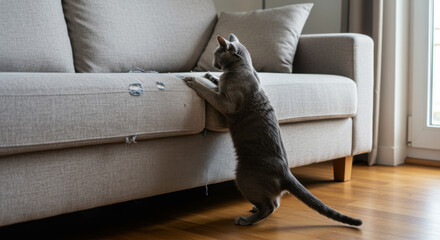 Cat standing on hind legs scratching a modern sofa in living room