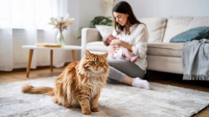 Fluffy ginger cat in cozy living room, young mother feeding baby on blurred background, concept of pet jealousy