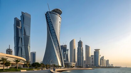 Cityscape view of doha with modern skyscrapers against blue sky