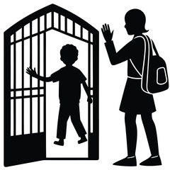 Pure black design showing a young student with a backpack turning to wave at a parent while stepping through the school gate or door, isolated on white background