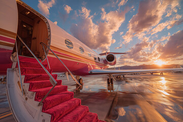 Pink And White Private Jet With Red Carpet Stairway On Wet Tarmac During Vibrant Sunset At Airport