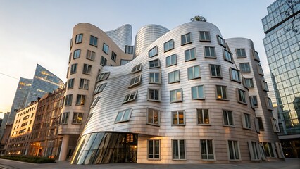 Obraz premium Exterior view of the undulating neuer zollhof building in germany