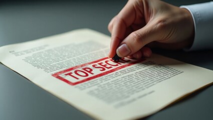 A red folder labeled with secrecy cues rests in a dimly lit room, suggesting hidden intelligence or covert missions, perfect for crime or thriller concepts.