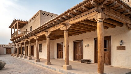 Obraz premium Exterior view of a building with wooden pillars and balconies