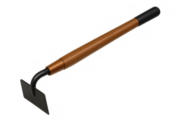 Gardening hoe with wooden handle and metal blade isolated on transparent background, ready for planting and cultivating