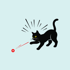 Playful Black Cat Chasing Red Laser Pointer Dot.