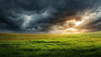 Dramatic landscape with stormy clouds and sunshine breaking through