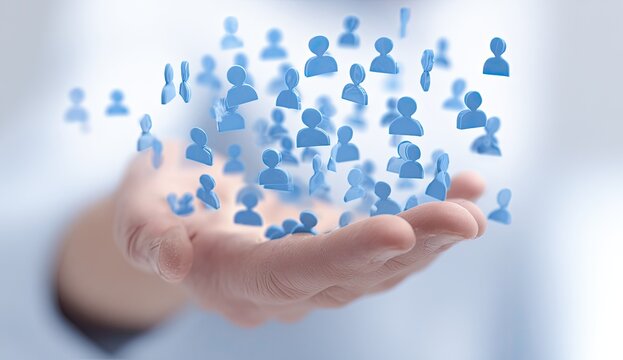 Hand holding a cluster of digital people icons