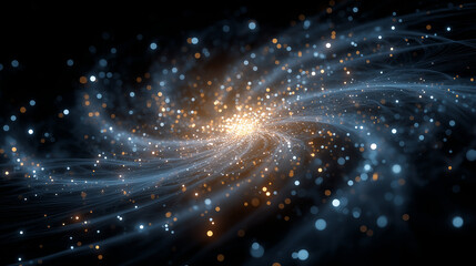 Celestial Spiral of Brilliance: A captivating spiral galaxy, its heart a radiant core of golden light, gracefully swirls amidst the vast expanse of the universe.